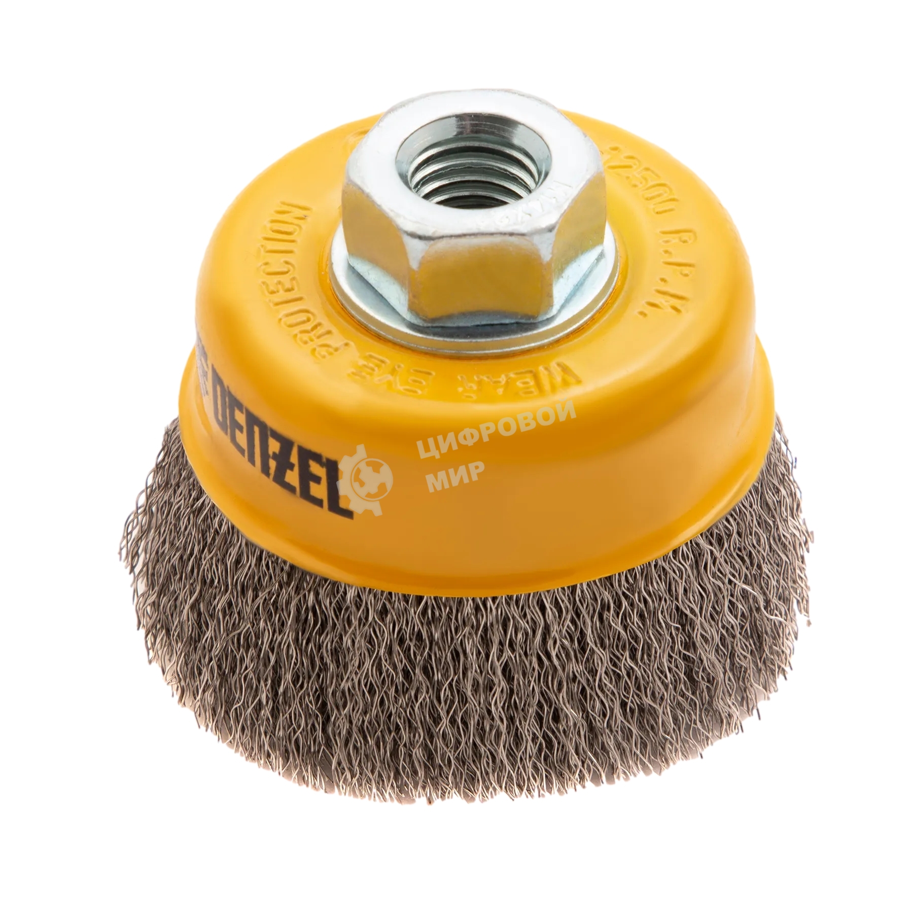 Щетка для УШМ Denzel 75 мм, М14, чашка, витая нержавеющая проволока 0,3 мм