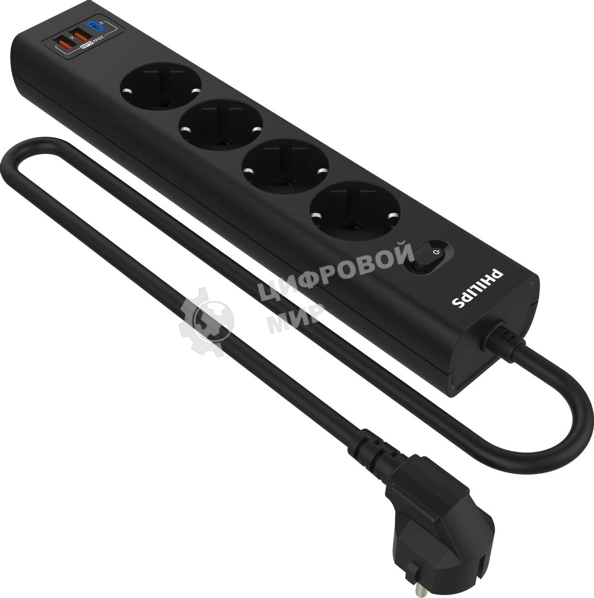 Сетевой фильтр Philips CHP8246BB/51, 3м, 4 розетки, черный