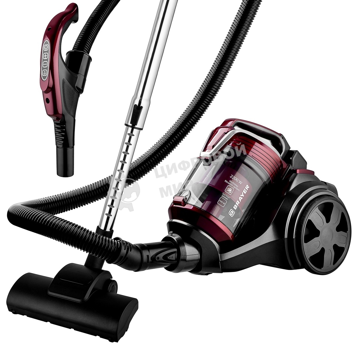 Пылесос BRAYER BR4211 черный/бордовый, 400/2200 Вт, уборка сухая, пылесборник контейнер, 3 л