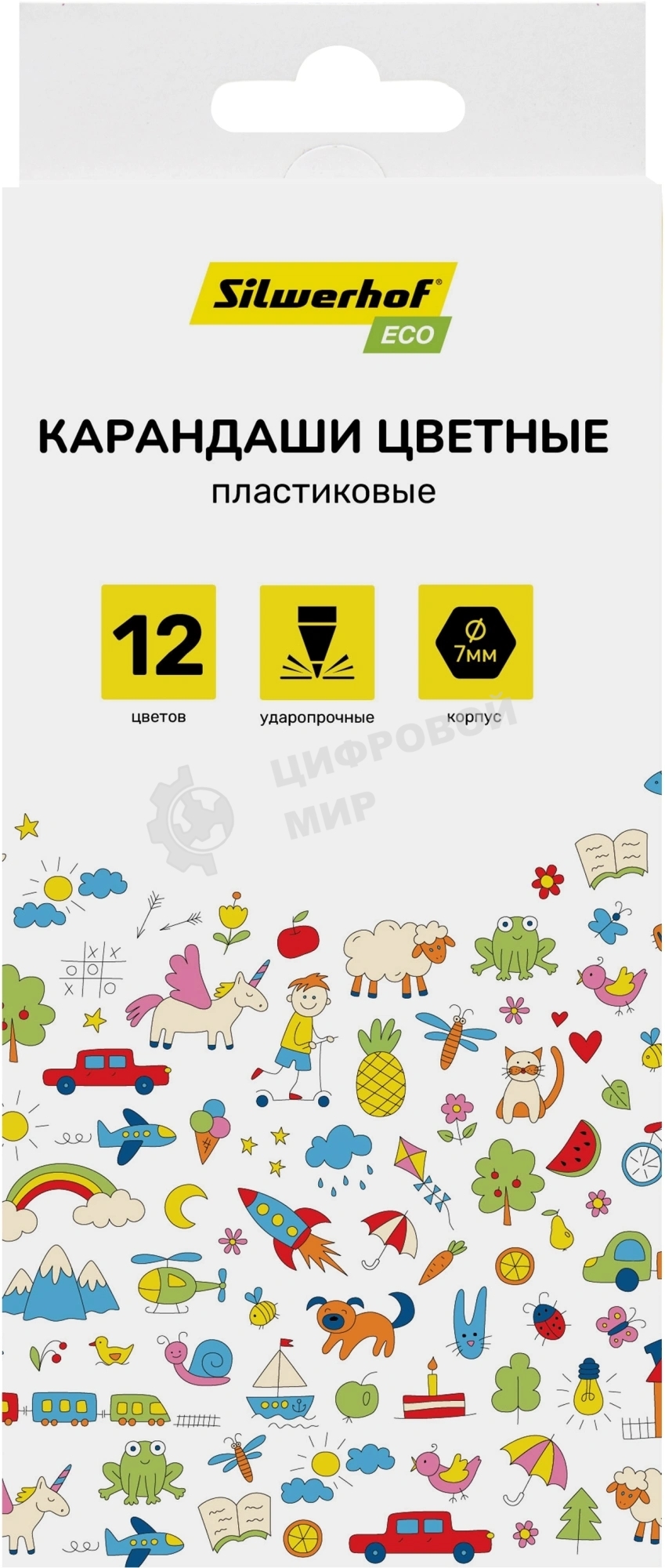 Карандаши цветные Silwerhof Eco 2.6 мм, шестигранный профиль, пластик, ассорти, 12 цветов, коробка с европодвесом
