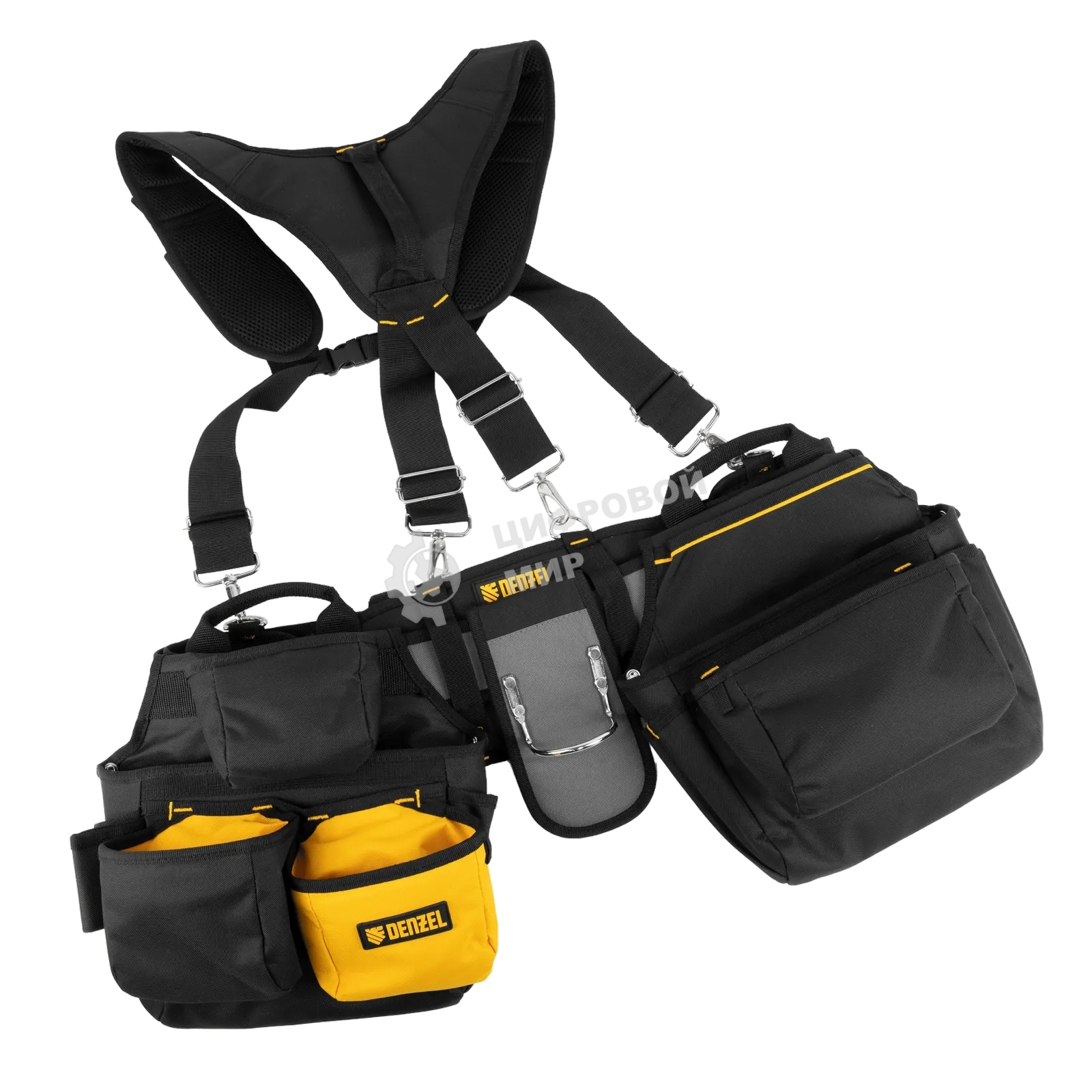 Пояс монтажника усиленный Denzel с лямками, сумки поясные, держатель для молотка