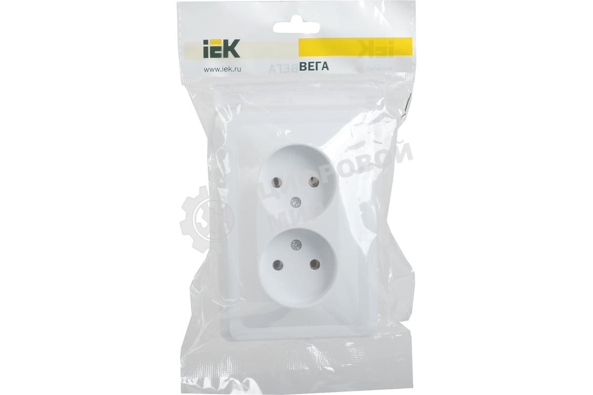 Розетка 2-м СП Вега РС12-2-ВБ без заземл. контакта без защ. штор 10А белый IEK ERV20-K01-10-DM