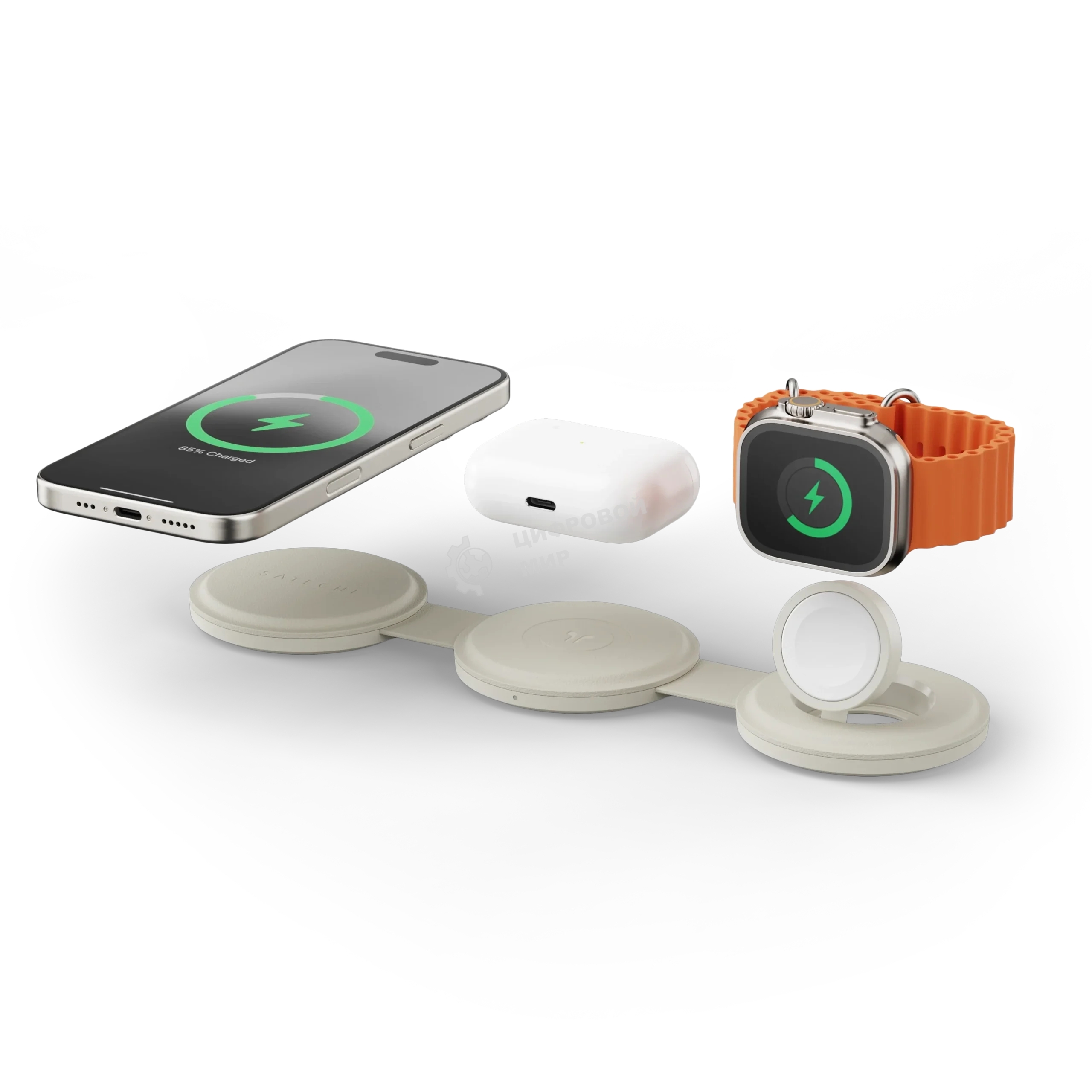 Переносное зарядное устройство Satechi Qi2 OntheGo 3-in-1 Wireless Charger, песочный