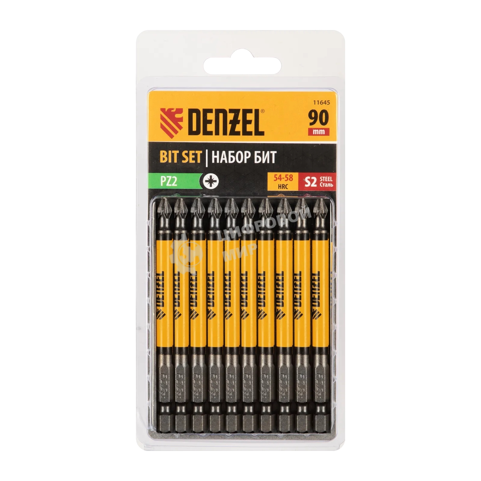 Набор бит Denzel PZ2х90, сталь S2, круглый профиль, 10 шт.