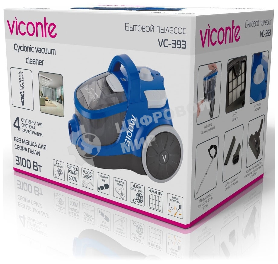 Пылесос Viconte VC-393 синий, 600/3100 Вт, уборка влажная, пылесборник контейнер 2.2 л