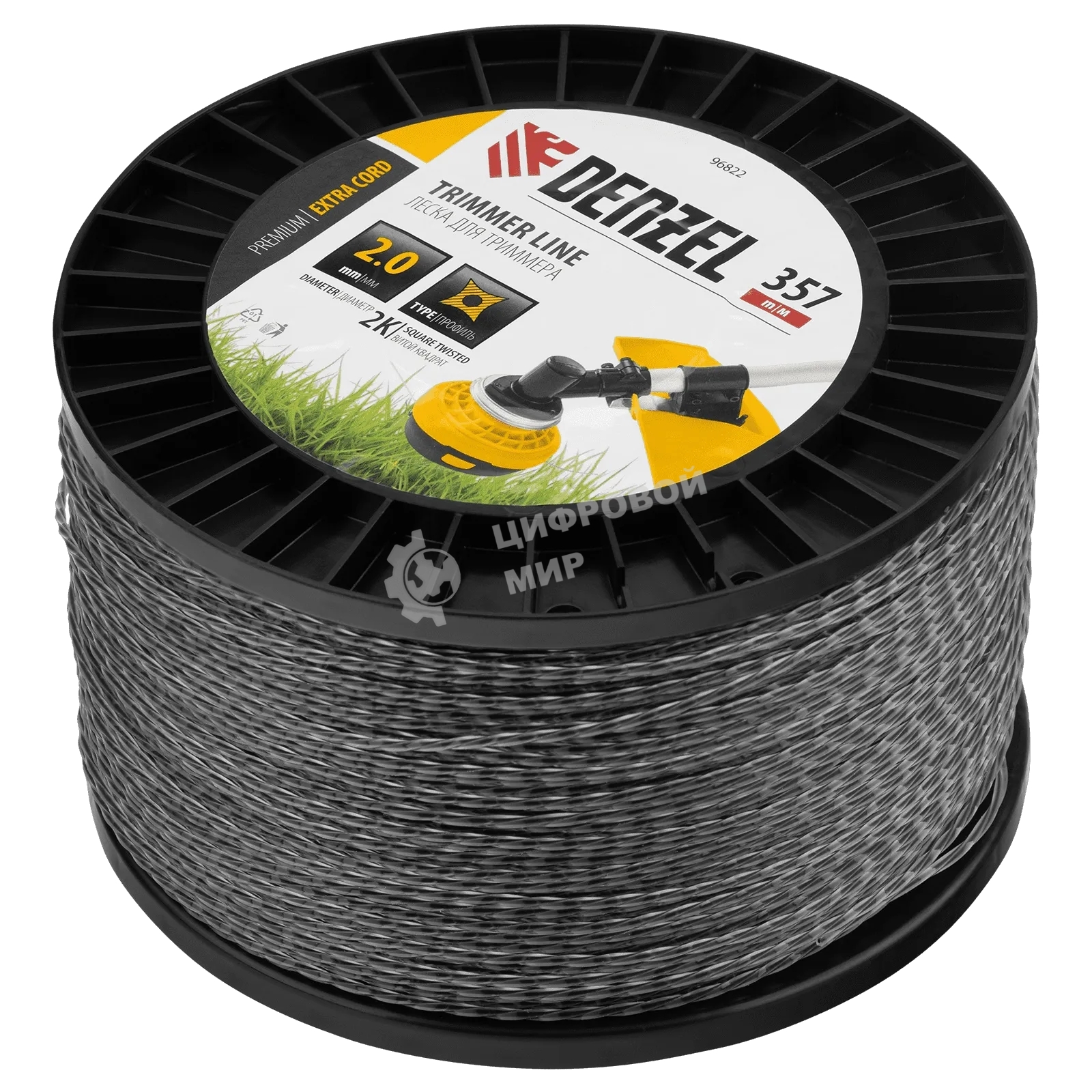 Леска для триммера Denzel двухкомпонентная витой квадрат, 2,0мм х 357м, на DIN катушке EXTRA CORD