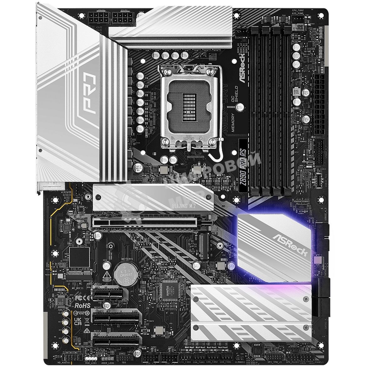 Материнская плата ASRock Z890 PRO RS, LGA1851, Intel Z890, 4xDDR5, 4xSATA, 4xM.2, 1xPCIe 5.0 x16, 2xThunderbolt 4, 1xUSB-A 3.2 Gen 2, 6xUSB-A 3.2 Gen 1, 4xUSB 2.0, 1xHDMI, 1xDP, 1x2.5Gb LAN, 3x3.5 мм, 7.1, ATX