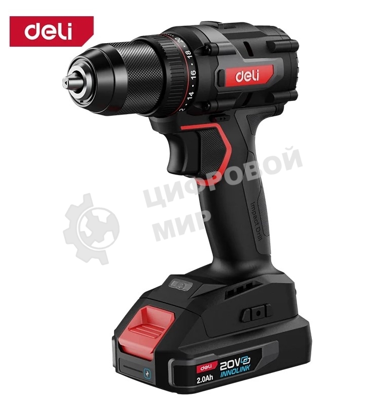 Дрель-шуруповерт Deli DE-DZ20-2D2, 20 В, 2 Ач, 70 Нм, бесщеточный