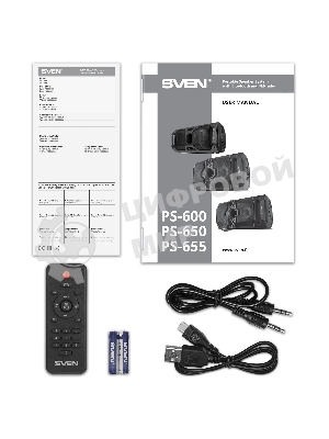 Мобильные колонки SVEN PS-655 2.0 черные (2x25W, mini Jack, USB Type-C, USB flash, Bluetooth, FM, micro SD, ПДУ, LED экран, 4400 мA, RGB подсветка)