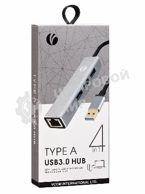 Переходник VCOM USB 3.0 -->RJ-45 1000Mbps+3 USB3.0, Aluminum Shell, 0.2м DH312A