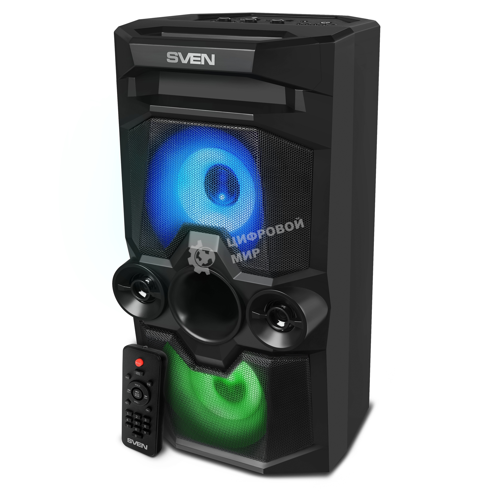 Мобильные колонки SVEN PS-655 2.0 черные (2x25W, mini Jack, USB Type-C, USB flash, Bluetooth, FM, micro SD, ПДУ, LED экран, 4400 мA, RGB подсветка)