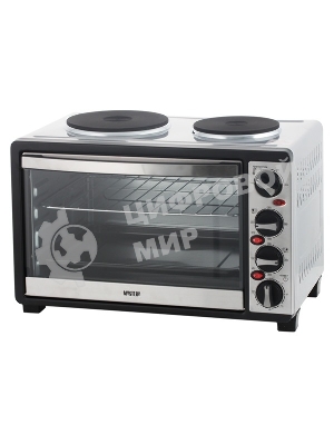 Мини-печь Mystery MOT-3330 (нержавеющая сталь, 1500 Вт, 2 конфорки, гриль, съемный вертел)