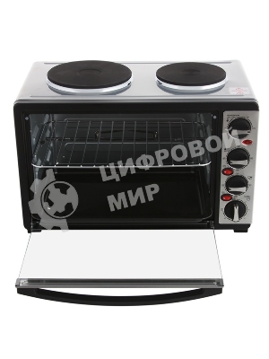 Мини-печь Mystery MOT-3330 (нержавеющая сталь, 1500 Вт, 2 конфорки, гриль, съемный вертел)