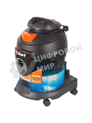 Строительный пылесос Bort BSS-1415-Aqua черный/синий, 200/1400 Вт, уборка сухая/влажная, пылесборник мешок/контейнер, 15 л