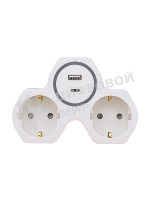 Двойник Rexant электрический (разветвитель) 16А с/з + USB-A + USB-C с защитными шторками, белый