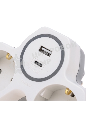 Двойник Rexant электрический (разветвитель) 16А с/з + USB-A + USB-C с защитными шторками, белый