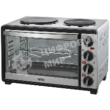 Мини-печь Mystery MOT-3330 (нержавеющая сталь, 1500 Вт, 2 конфорки, гриль, съемный вертел)