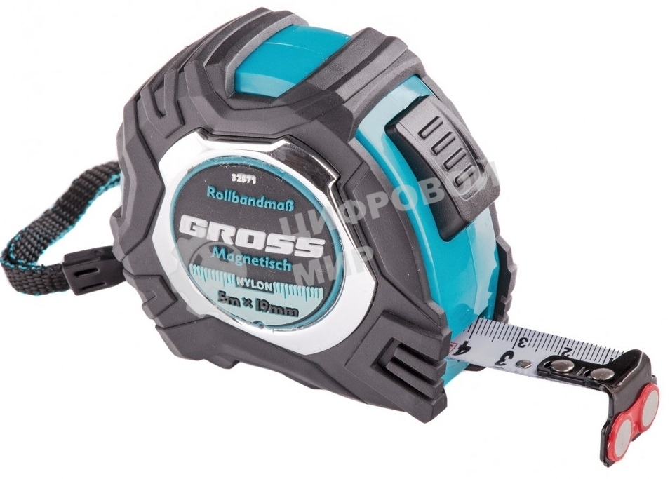 Рулетка Gross Magnetisch, 5 м х 19мм, обрезин. корпус, автоматич. фиксация, нейлон. покр., магн. зацеп