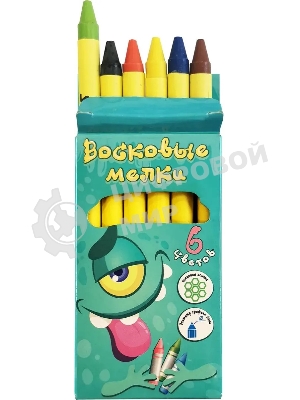 Восковые мелки Silwerhof Монстрики, круглые, 6 цветов, длина 89мм, диаметр 8мм, картонная коробка с европодвесом