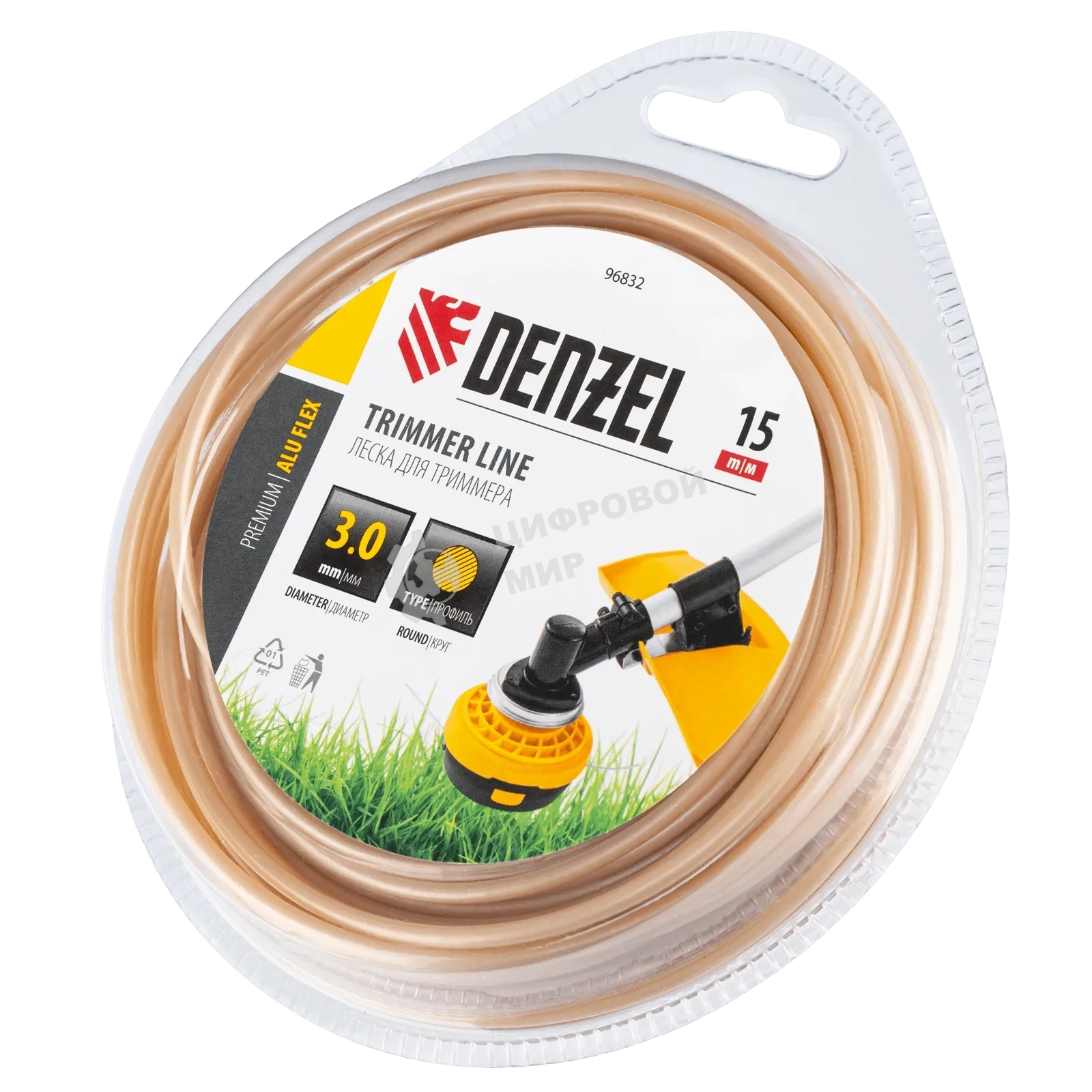 Леска для триммера Denzel армированная алюминием круглая, 3,0мм х 15м, блистер ALUFLEX