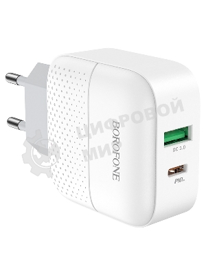 Сетевое зарядное устройство BOROFONE BA46A Premium, один порт USB, один порт Type-C, PD, 18W, 5V, 3.0A, белый