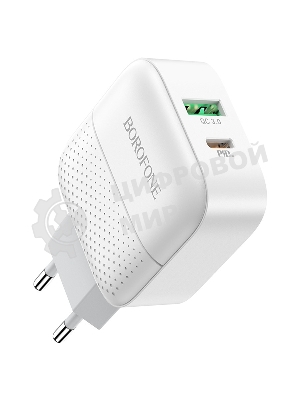 Сетевое зарядное устройство BOROFONE BA46A Premium, один порт USB, один порт Type-C, PD, 18W, 5V, 3.0A, белый