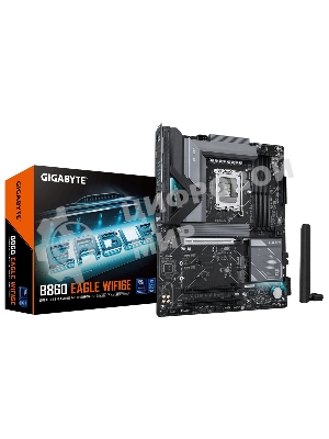 Материнская плата Gigabyte B860 EAGLE WIFI6E, LGA 1851, Intel B860, 4xDDR5, 4xSATA, 3xM.2, 1xPCIe 5.0 x16, 2xPCIe 4.0 x16, 1xHDMI, 1xDP, 1x 2.5Gb LAN, 4xUSB-A 2.0, 1xUSB-A 3.2 Gen 1, 1xUSB-A 3.2 Gen 2, 1xUSB-C 3.2 Gen 2x2, 7.1, 3x3.5 мм, ATX