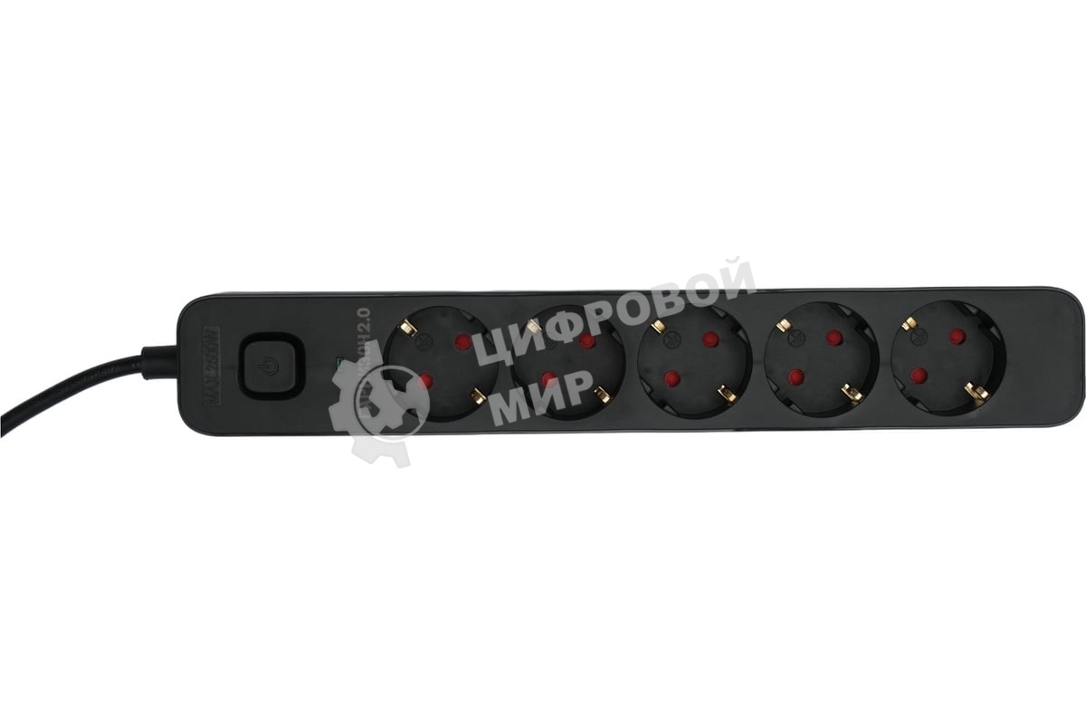 Сетевой фильтр Гарнизон 2.0 EPS-5-B-5, 5 р, 10А, 5 м, ур.защиты 2+, черный, пакет