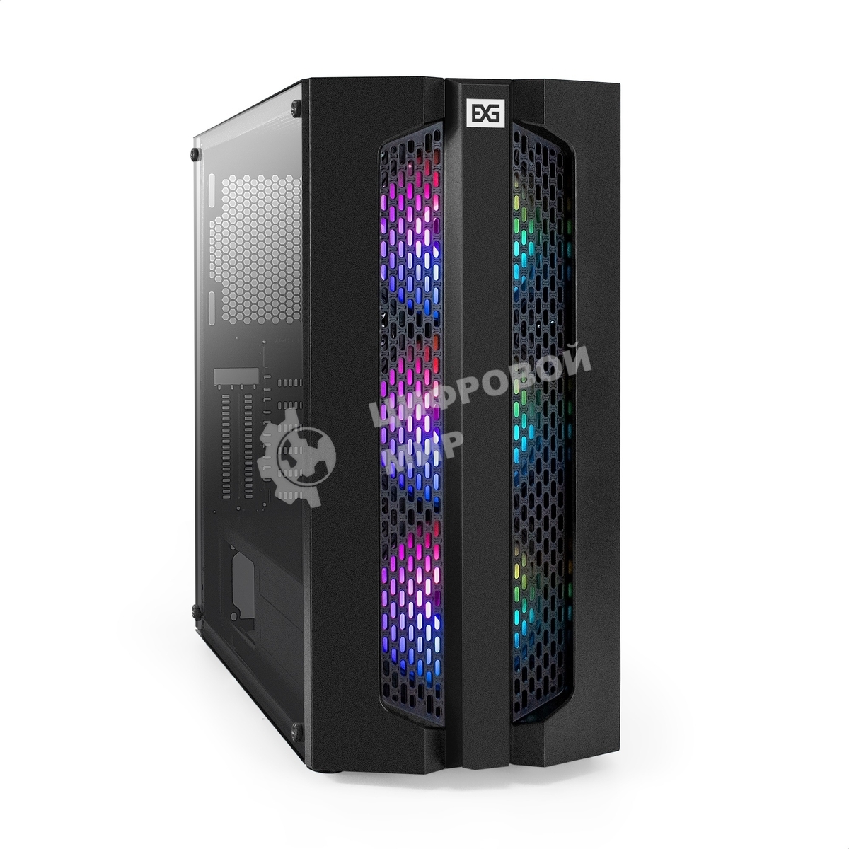 Компьютерный корпус Miditower ExeGate EVO-9205 (ATX, без БП, с окном, 1*USB+1*USB 3.0, аудио, 3 вент. 12см с RGb подсветкой)