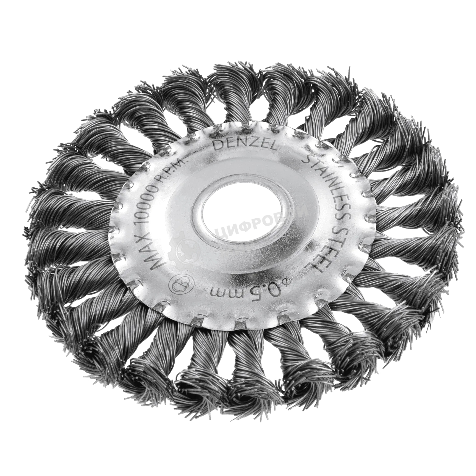 Щетка для УШМ Denzel 125 мм, плоская, крученая нержавеющая проволока 0,5 мм, посадка 22,2 мм