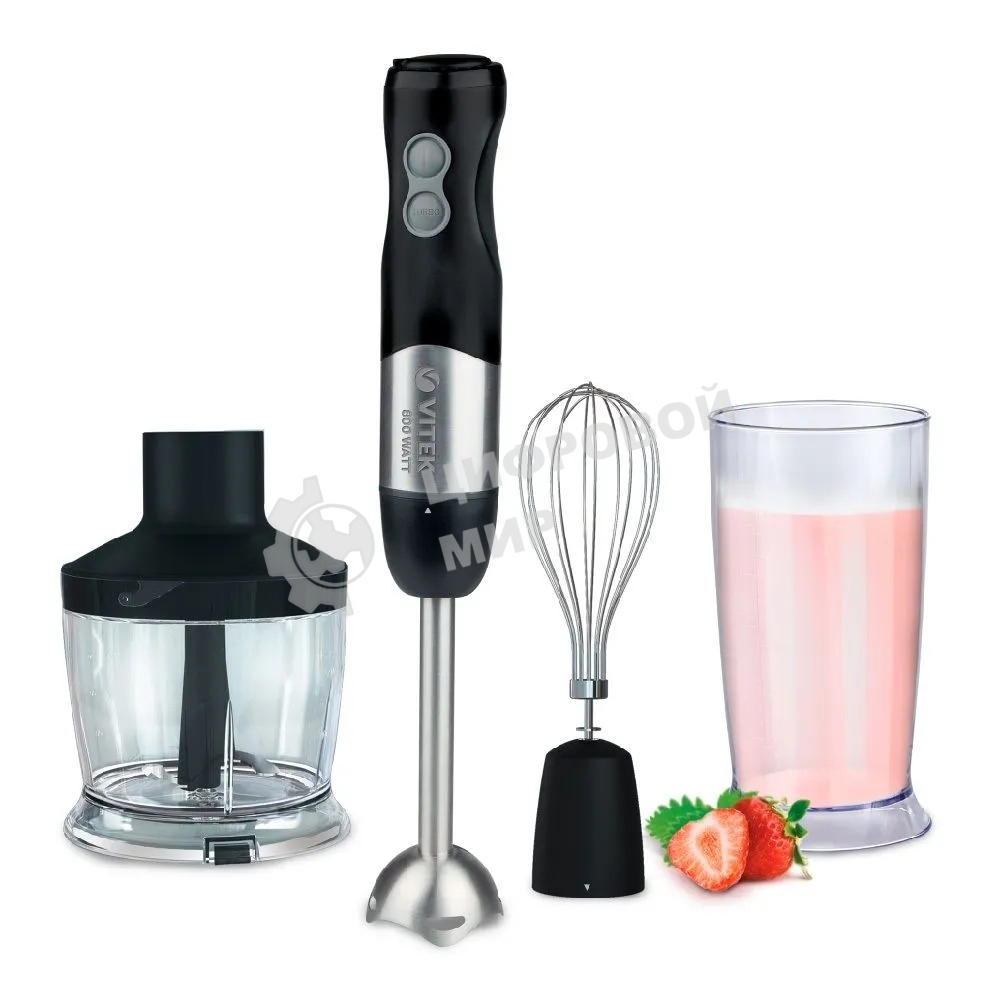 Блендер Vitek VT-3411 ST (стальной, 800 Вт, 6 скоростей, измельчитель 500 мл, стакан 600 мл, управление механическое)