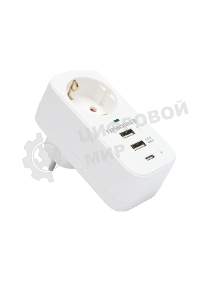 Сетевой фильтр Гарнизон SKT-1-CU2-W 2.0 Мультипорт однорозеточный, 1 р, 16А, 1xType-C, 2 х USB, ур.защиты 2+, белый (21440)
