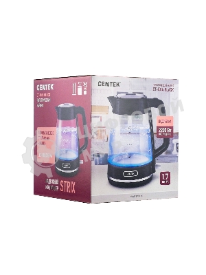 Чайник электрический Centek CT-1014 черный стекло 1.7 л, 2200 Вт, LED, Защита от перегрева, STRIX контроллер