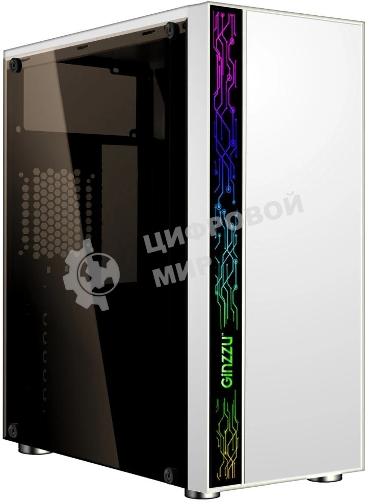 Компьютерный корпус Ginzzu A390 белый Window RGb подсветка 1хUSB 3.0, 2хUSB 2.0, AU