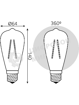 Лампа светодиодная филаментная Gauss Filament ST64 8Вт цок.: E27 эдисон 220B св. свеч. бел. теп. (упак.: 10 шт)