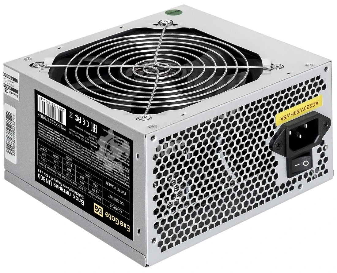 Блок питания ExeGate UN800, 800W, (ATX, SC, 12cm fan, 24pin, 2x(4+4)pin, 2xPCI-E, 5xSATA, 3xIDE, кабель 220V 1,8м с защитой от выдергивания)