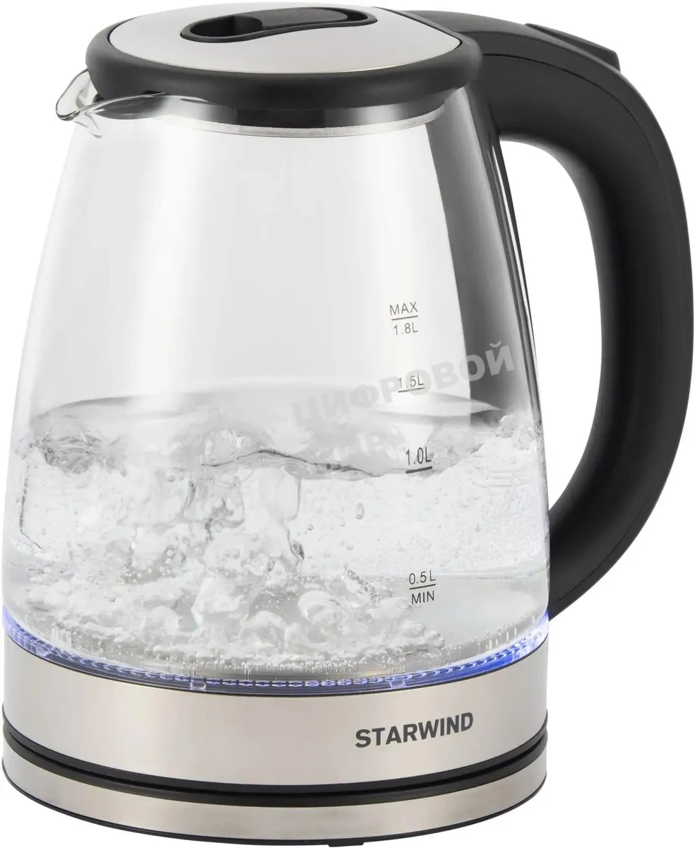 Чайник электрический Starwind SKG4777 1.8 л, 2000 Вт, черный/прозрачный (корпус: стекло)