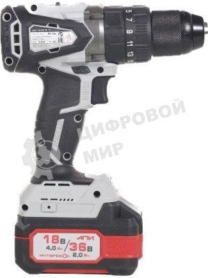 Дрель-шуруповерт ИНТЕРСКОЛ DAU-13/36V 90, 36 В,  2 Ач, 90 Нм, бесщеточный, ударный