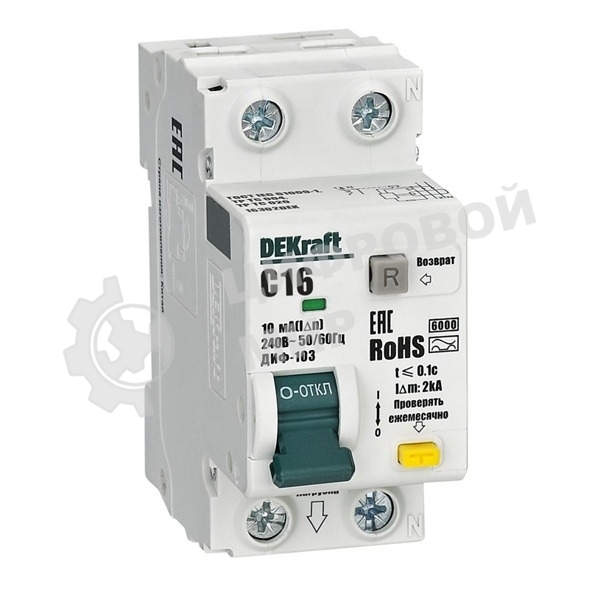 Выключатель автоматический дифференциального тока (АВДТ) 1P+N 16А 10мА AC х-ка C ДИФ-103 6кА DEKraft 16302DEK