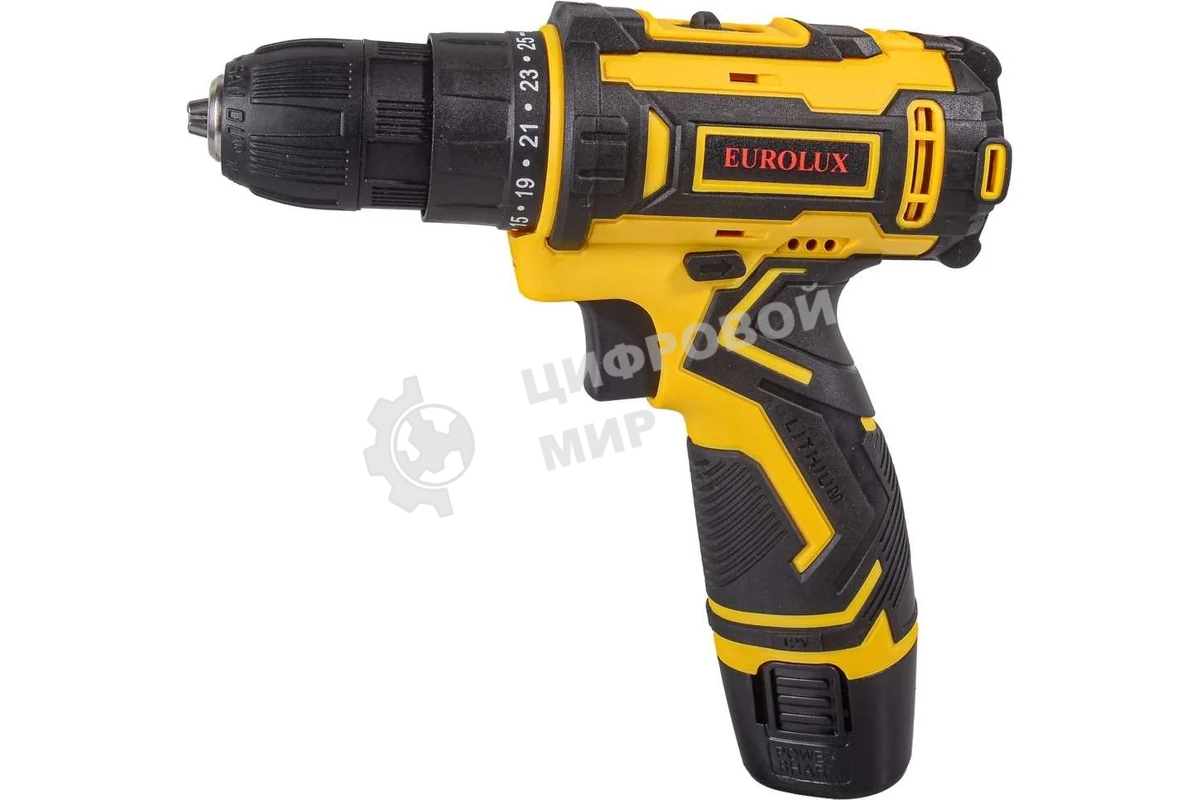 Дрель-шуруповерт Eurolux ДА-12/2-1Li, 12 В, 1.5 Ач, 25 Нм, щеточный