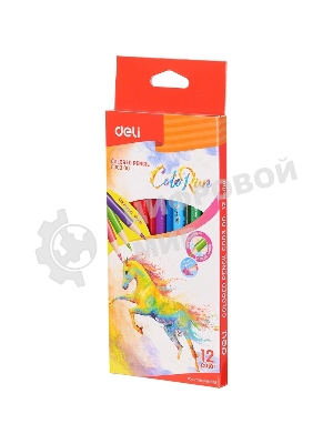 Карандаши цветные Deli EC00300 ColoRun, трехгранный профиль, тополь, 12 цветов, коробка с европодвесом