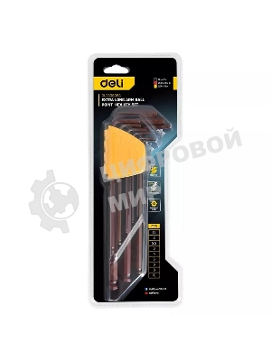 Ключ Deli Набор шестигранных ключей с шаром сверхдлинных Deli DL230809G 9 шт Cr-V, размеры 1,5,2,2,5,3,4,5,6,8,10мм, пластиковый держатель