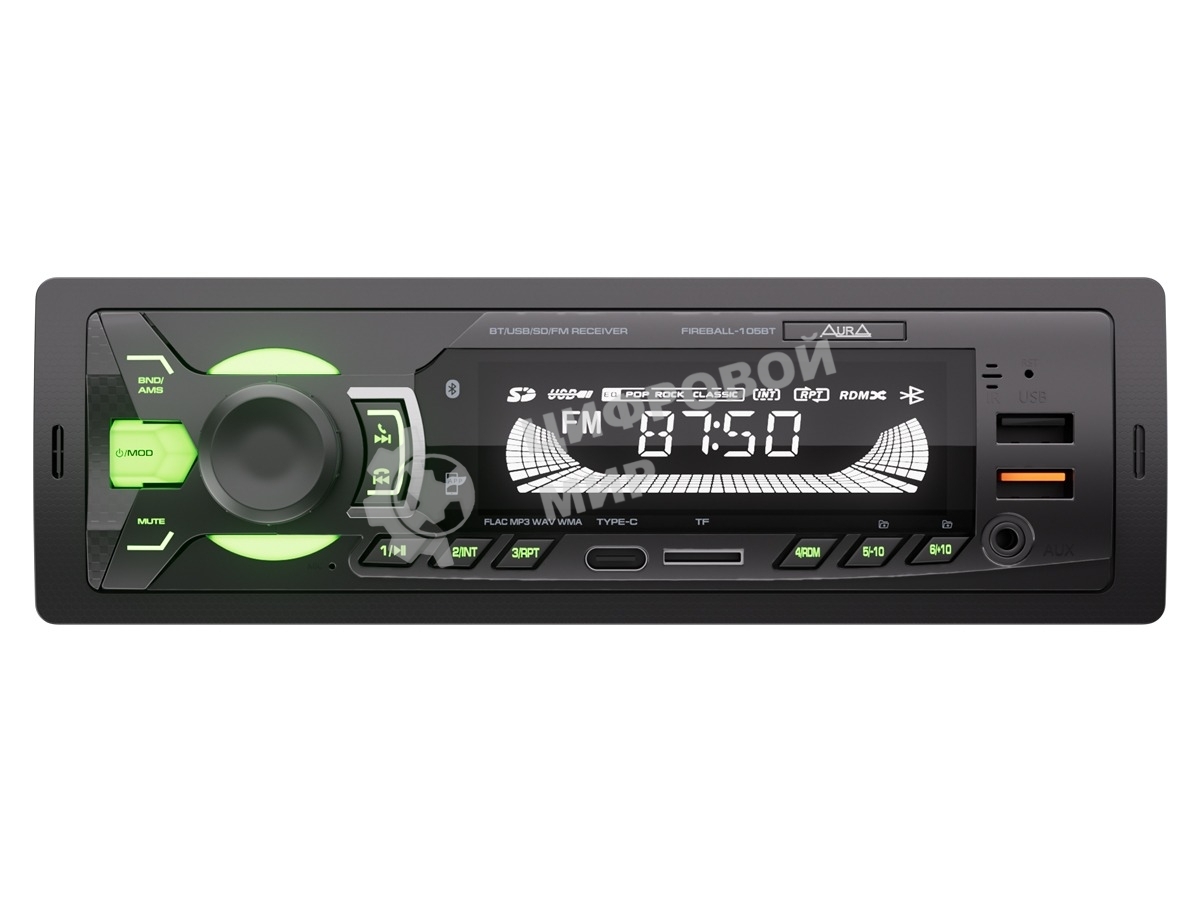 Автомагнитола AURA FIREBALL-105BT, 1 DIN, Bluetooth, USB Type-A, AUX
