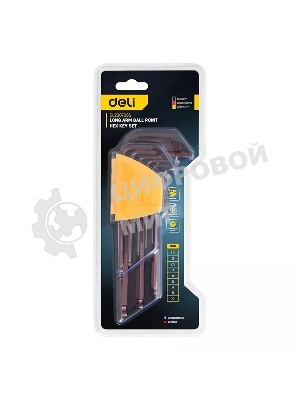 Ключ Deli Набор шестигранных ключей с шаром удлиненных Deli DL230709G 9 шт S2, размеры 1,5,2,2,5,3,4,5,6,8,10мм, пластиковый держатель