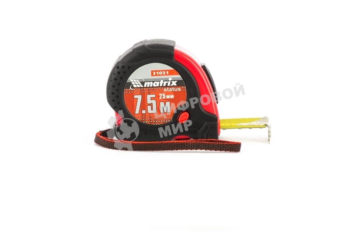 Рулетка Matrix Status magnet fixation, 7,5 м х 25 мм, обрезиненный корпус, зацеп с магнитом