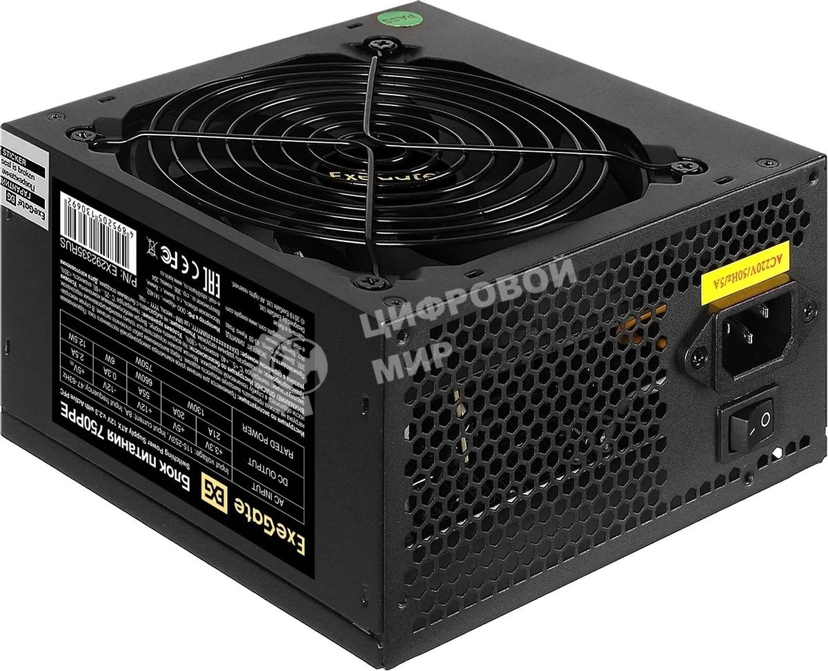Блок питания ExeGate 750PPE, 750W, (ATX, APFC, SC, КПД 80% (80 PLUS), 12cm fan, 24pin, 2x(4+4)pin, 4xPCI-E, 6xSATA, 3xIDE, черный, кабель 220V 1,8м с защитой от выдергивания)