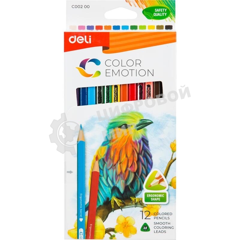 Карандаши цветные Deli EC00200 Color Emotion, трехгранный профиль, липа, 12 цветов, коробка с европодвесом (12шт)