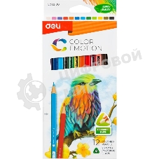 Карандаши цветные Deli EC00200 Color Emotion, трехгранный профиль, липа, 12 цветов, коробка с европодвесом (12шт)