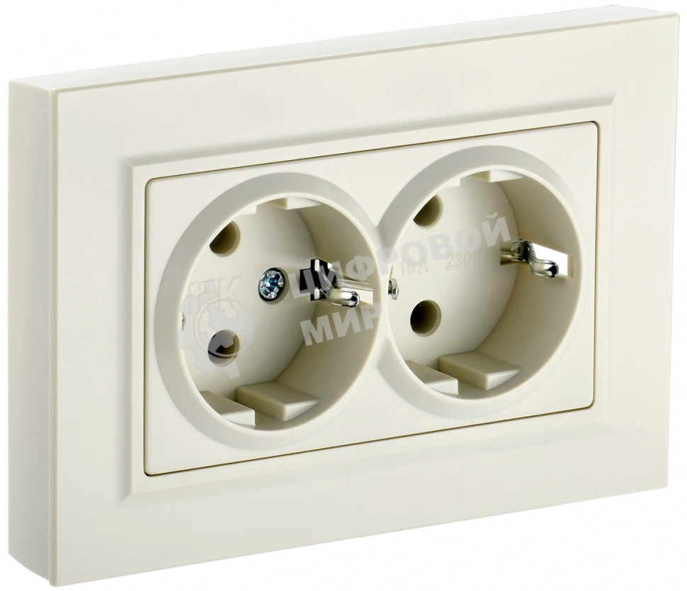 Розетка 2-местная IEK BRITE РС12-3-БрКр (BR-R21-16-K10-F) с заземлением, без защитных шторок, 16А в сборе, бежевый