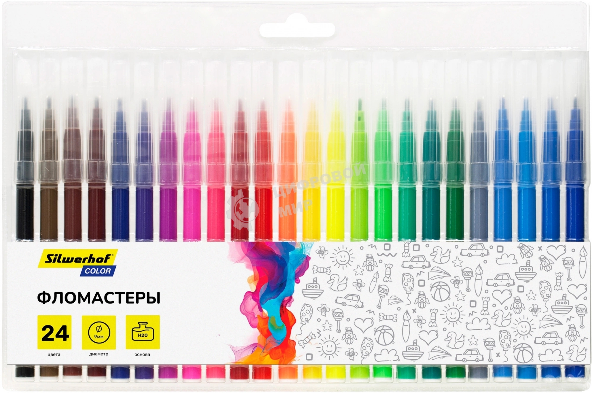 Фломастеры Silwerhof Color 9мм 145мм, круглый корпус, пулевидный пишущий наконечник, вентилируемый колпачок, 24 цвета, пакет с европодвесом